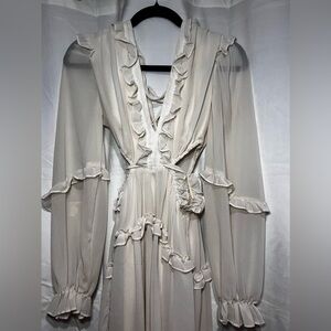 Beige/Cream Low-Cut Long-sleeve Midi Dress with Ruffles